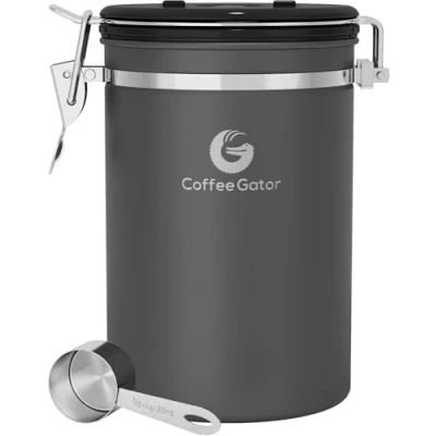 Image of Coffee Gator Stainless Steel Container with CO2 Release Valve, Magnetic Scoop Attachment and Bag Saver Clip Holds 645g Beans 1.9l Litre Capacity