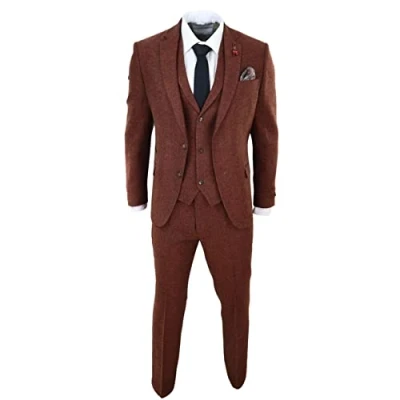 Image of Mens Camel 3 Piece Tweed Suit Herringbone Wool Vintage Retro Fit