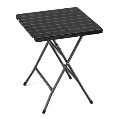 Image of URBN GARDEN 60cm Black Rattan Wood Look Square Folding Table Lightweight and Perfect for Outdoor Garden, Patio, Camping, Picnic Use Stylish, Portable, Durable Activities (Black)