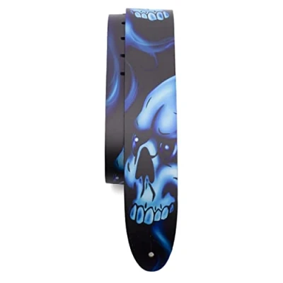 Image of Perri&#039;s Leathers Ltd. Guitar Strap Direct To Leather Blue Skulls Adjustable For Acoustic/Bass/Electric Guitars Made in Canada (P25DTL 11042)