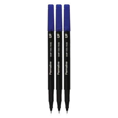 Image of SCHOOL MATE PERMANENT Fineline Marker Pens, BLUE, Ultra Fine Tip, Pack of 3, CPM03BLU, Smooth Surface Waterproof Ink, ZOFAX Black Ball Pen