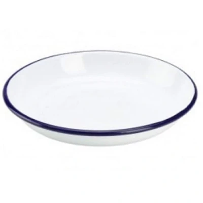 Image of Premium Quality Traditional Enamel White Blue Trim Rice Plate, Pasta Bowl, Dinner Round Pie Soup Mixing Deep Dish Tableware Crockery (Rice Plate 20cm)