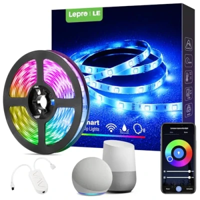 Image of Lepro 5M LED Strip Light IP65, WiFi Smart RGB Strip, Works with Alexa and Google Assistant, Life App &amp; Voice Control, PU Coating Lights for Kitchen, Bedroom, Christmas