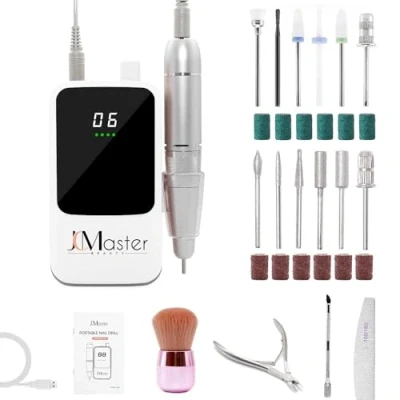 Image of JCMaster Electric Nail Drill, 35000RPM Professional File with 12 Drill Bits &amp; Sanding Bands, Rechargeable Kit for Acrylic Gel Nails
