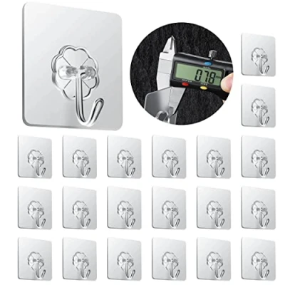 Image of Adhesive Hooks for Hanging, 20 Pieces Self Hooks, Heavy Duty Wall Reusable Removable Waterproof 44 lb/ 20kg (Max), Bathroom Transparent Sticky Kitchen Glass