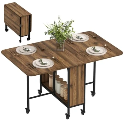 Image of HOMCOM Mobile Drop Leaf Table Folding Kitchen Extendable Dining For Small Spaces With 6 Wheels &amp; Storage Shelf Light Brown