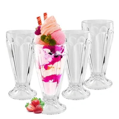 Image of HOMESHOPA Ice Cream Sundae Glasses, Set of 4 Tall Classic Retro American Diner Style Milkshake Soda Fountain Knickerbocker Glory Dessert Dishwasher Safe, 350ml