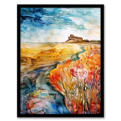 Image of Artery8 Colourful Watercolour Bamburgh Castle View Floral Living Room Artwork Framed Wall Art Print A4