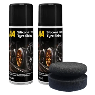 Image of AA Tyre Shine Silicone Free, 2 x 500 ml, 1 Applicator Pad (Black) Clean Finish, Aerosol Spray