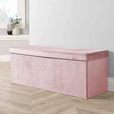 Image of Home Source Extra Large Folding Ottoman Velvet Fabric Storage Chest, Pink Blush, 100cm