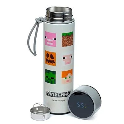 Image of Puckator Minecraft Stainless Steel Water Bottle with Led Temperature Display Cold for 24h and Hot 6h Metal Bottles Faces Modern Thermos Flask Bpa Free 450 ml