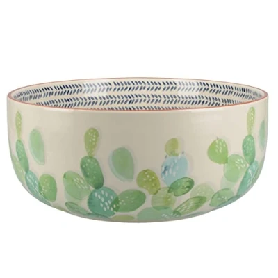 Image of Mikasa Drift Large Ceramic Salad Serving Bowl, Hand Decorated Cactus Design, Natural, Blue and Green, 24cm