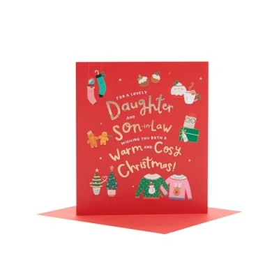 Image of UK Greetings Christmas Card for Daughter &amp; Son in Law Sweet Cosy Design