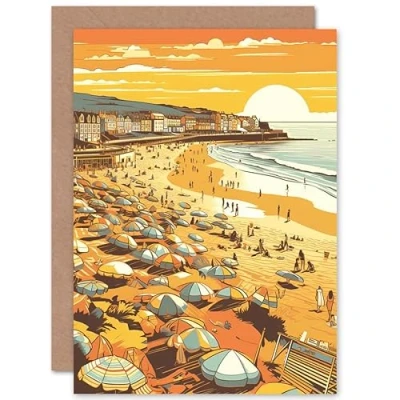 Image of Artery8 Summer Sunset at Busy Sandy Promenade Beach Travel Birthday Sealed Greeting Card Plus Envelope Blank inside