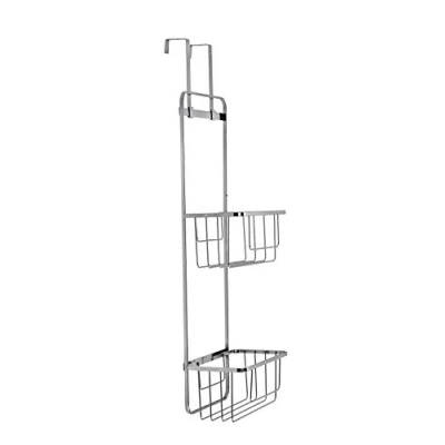 Image of Croydex Bathroom Accessory Hook Over Door Double Storage Basket, Shelves with 2 Fixing Options, Chrome Storage, 5 Year Rust Free Guarantee, H710 x W243 D130mm