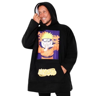 Image of Naruto Blanket Hoodie for Men and Teenagers Cosy Oversized Fleece One Size Sherpa Lined Anime Gifts (Black/Orange)