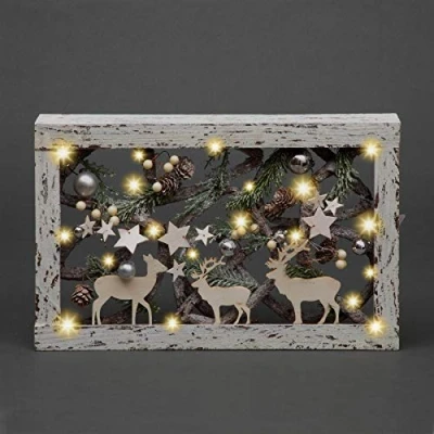 Image of SHATCHI Christmas Pre Lit Warm White LED Frame Tabletop Centrepiece Decoration with Pinecones and Baubles Holiday Home Décor (Tree/Star, Wood, Wooden Rectangle, 40 X 25 CM