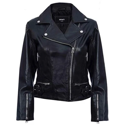 Image of Ladies Leather Jacket Classic Biker Style Black Real Womens L