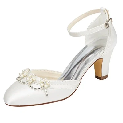 Image of Emily Bridal Ivory Shoes Chunky Heel Round Toe Ankle Strap Pearl Crystal Wedding (EU35/UK3, Ivory)