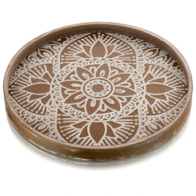 Image of Hanobe Round Wood Decorative Tray: Rustic Coffee Table Tray Farmhouse Decor Brown Centerpiece Wooden Serving Trays Rounded for Kitchen Counter Boho Ottoman Home