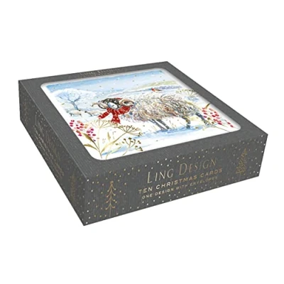 Image of Box of 10 Festive Ram &amp; Robin Gold Foiled Christmas Cards Boxes Xmas Card Packs X15165HA