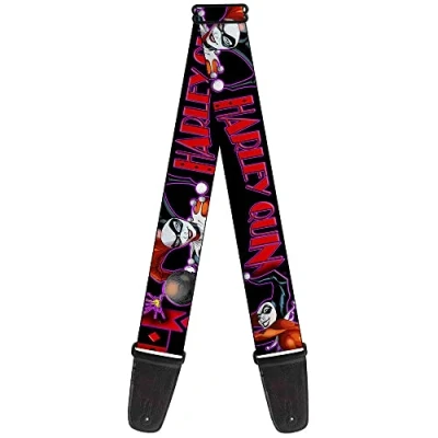 Image of Buckle Down Guitar Strap 34 60 Inch Harley Quinn Bomb Poses/Suits Black/Purple/Red