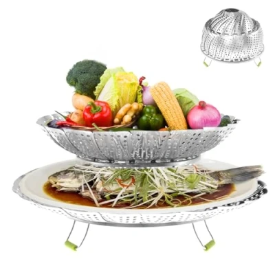 Image of Steaming Basket for Cooking 2 Layer Vegetable Steamer Saucepan Stainless Steel Metal Collapsible Pan Insert with Removable Handle Seafood Fish Dumpling
