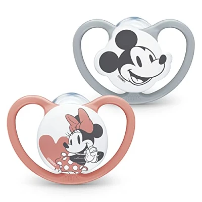 Image of NUK Space Baby Dummy 18 36 Months Soothers with Extra Ventilation BPA Free Silicone Mickey &amp; Minnie Mouse 2 Count