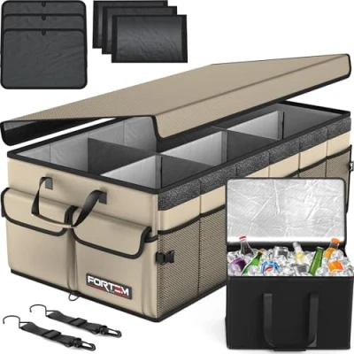 Image of FORTEM Car Boot Organiser, Storage Accessories, Collapsible Multi Compartment Tidy, Non Slip Bottom, Adjustable Securing Straps (Tan, w/Cooler)