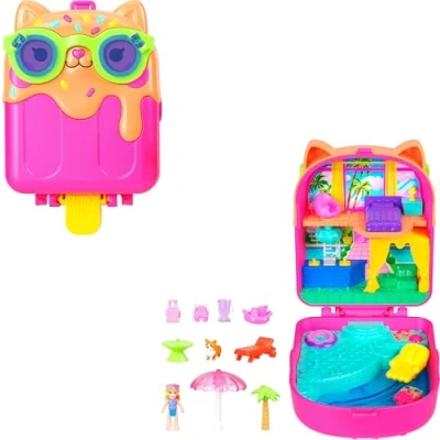 Image of Polly Pocket Dolls and Playset, Kitty Popsicle Resort Compact, Travel Toy with 1 Micro Doll, Pet Puppy &amp; Themed Accessories
