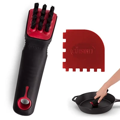 Image of Cuisinel Cast Iron Scrubber Cleaning Brush + Pan/Grill Scraper Skillet and Grill Cleaner Kit Soft Touch Confident Grip Dish Scrub Tool Tough on Grease, Gentle Metal Non Stick Cookware