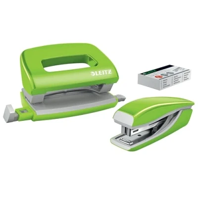 Image of Leitz 55612054 Mini Stapler and Hole Punch Set, Staple or Up to 10 Sheets, Includes P2 No. Staples, WOW Range, Green