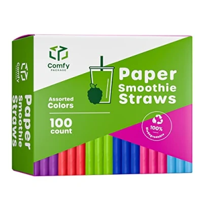 Image of Comfy Package, [100 Count] Jumbo Paper Smoothie Straws, 100% Biodegradable, Assorted Colors