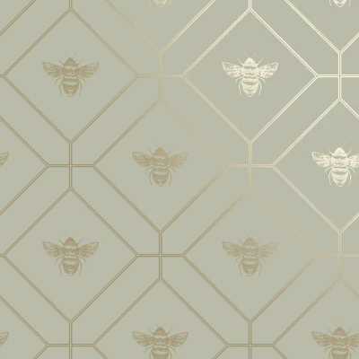 Image of Honeycomb Bee Geometric Wallpaper Green Gold Metallic Holden 13080