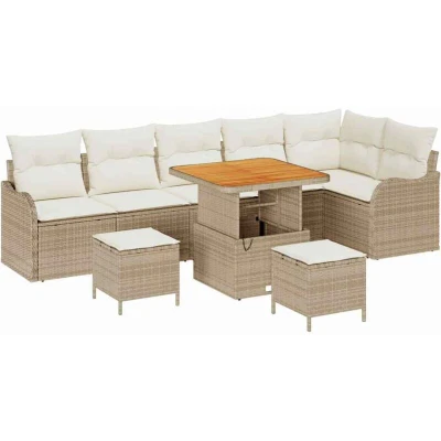 Image of Vidaxl 9 Piece Garden Sofa Set with Cushions Beige Poly Rattan Acacia