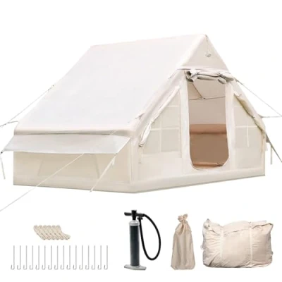 Image of Vakiorn Inflatable Camping Tent, 2 4 Person Tent Outdoor with Air Pump &amp; Storage Bag, Season Waterproof Oxford Cloth Quick Build Mesh Windows Doors for Camping,
