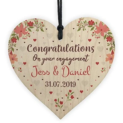 Image of RED OCEAN Personalised Engagement Wooden Heart Congratulations Gift Unique Couple