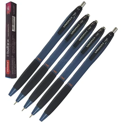 Image of UNOMAX i Ball Retractable Ballpoint Pens, BLUE, Fine Point (0.7mm), Pack of 5, Multipack, School Office Home Everyday Use, ZOFAX Black Pen
