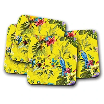 Image of 4 Set Tropical Birds Coaster Parrot Flowers Jungle Summer #15793