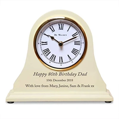 Image of De Walden Boy’s 80th Birthday Gift Engraved Wooden Mantel Clock Beige 15cm x 18cm 80 Years Gifts for Men