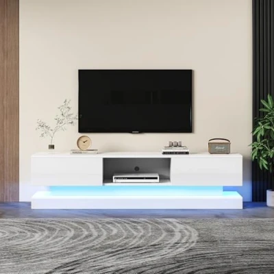 Image of BTM TV Stand Cabinet, High Gloss Unit with 16 Colour LED Lights, White Cabinet 2 Drawers &amp; 1 Open Storage Space, for 70 79 inch TV, 160x35x40.5cm
