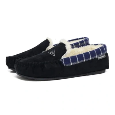 Image of DUNLOP Mens GEORGE Memory Foam Slippers Moccasin Loafers Faux Sheepskin Fur with Rubber Sole (Black Multi, UK Footwear Size System, Adult, Men, Numeric, Medium, 8)
