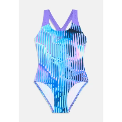 Image of Speedo Girls Digital Allover Splashback Swimsuit Swimming Costume Blue Purple Size 15 16 Years