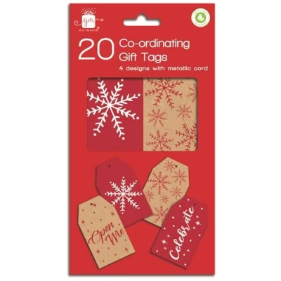 Image of Christmas Gift Tags Kraft Brown Red Xmas Snowflake Eco Friendly Pack 20 Co Ordinating Foiled