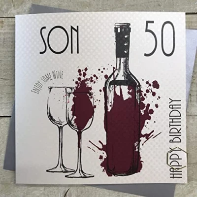 Image of SON 50TH BIRTHDAY CARD, RED WINE BOTTLE DESIGN Handfinished by White Cotton Cards (MT27 S50)