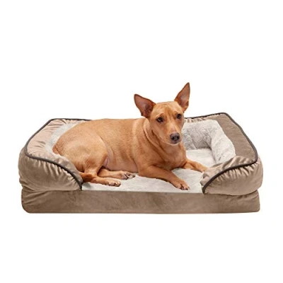 Image of Furhaven Medium Orthopedic Dog Bed Perfect Comfort Plush &amp; Velvet Waves Sofa Style w/Removable Washable Cover Brownstone,