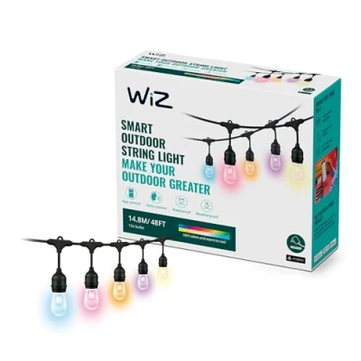 Image of WiZ Smart Colour Connected Outdoor Festoon String Lights [48ft UK Plug] WiFi Lighting. App Controlled for Home Lighting, Indoor and