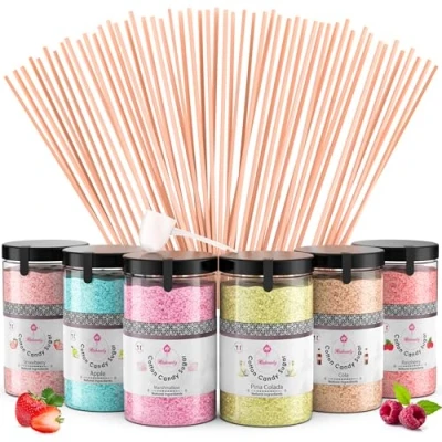 Image of Misskandy® Candy Floss Sugar Pack (6 * 300g) (Strawberry, Pina colada, Marshmallow, Raspberry, cola, apple) Use in Cotton Maker + 50 Sticks of 30 cm (free)