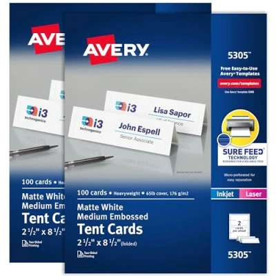 Image of Avery Printable Tent Cards with Sure Feed Technology, 2.5&quot; x 8.5&quot;, Embossed Border, Laser/Inkjet, 2 Pack, 100 Per 200 Total (25305)