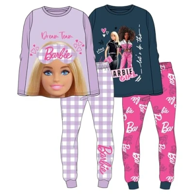 Image of Barbie 2 Pack Pyjama Set for Kids Dream Team &amp; Let’s Do This Designs Super Soft 100% Cotton Sleepwear Elastic Waist Cuffed Bottoms Size 11 12 Years Pink/Purple